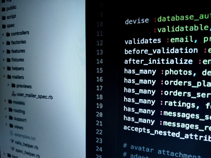 A close-up image of a computer screen displaying lines of programming code with syntax highlighting in various colors such as green, blue, and purple. The left side shows a file directory with folders
